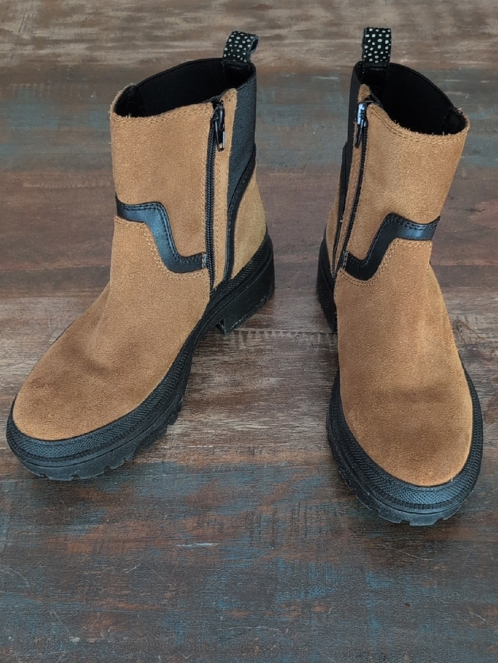 Lucky Brand Eabile Cognac Suede Black Leather Boots Chunky Lug Sole - Women's 6